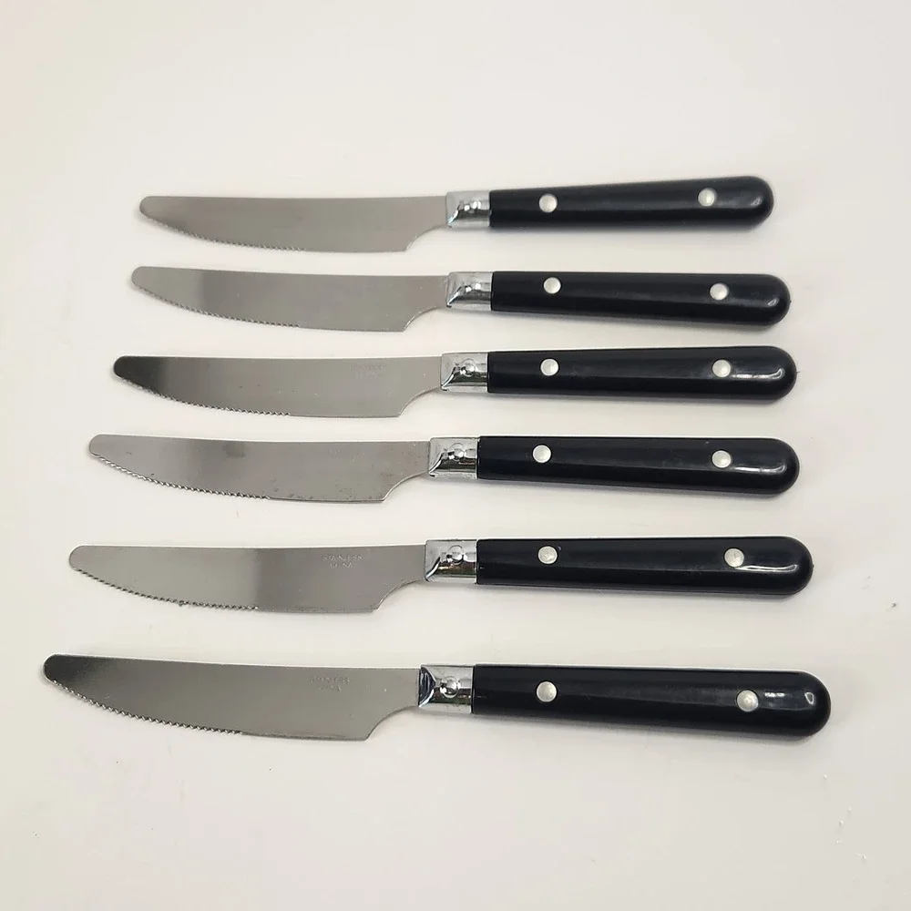 6 Vtg Black Plastic Handle 2-Rivet Stainless Steel Serrated Steak Dinner Knives